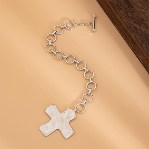 Chunky Gold Big Hammered Cross Bracelets for Women Trendy, Bold Thick Large Silver Cross OT Toggle Bracelet Statement Vintage Faith Chain Jewelry Gift 6