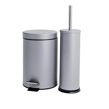 Harbour Housewares 3L Bathroom Bin & Brush Set - Grey - 2pc Round Stainless Steel Pedal Bin & Toilet Brush Set Slim Small Trashcan for Kitchen Waste, Bathroom Rubbish