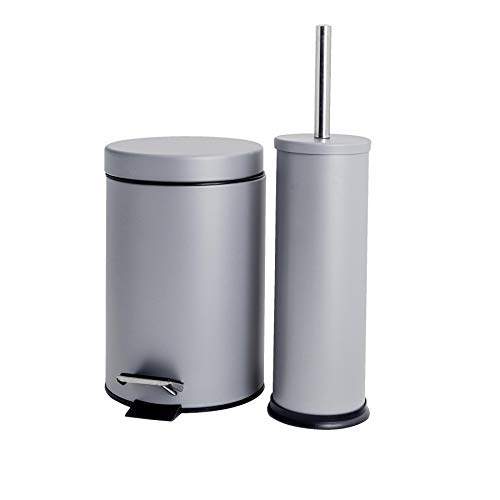 Harbour Housewares 3L Bathroom Bin & Brush Set - Grey - 2pc Round Stainless Steel Pedal Bin & Toilet Brush Set Slim Small Trashcan for Kitchen Waste, Bathroom Rubbish