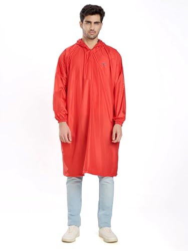 Image of Zeel Unisex Outdoor Rain Poncho for Adult, Waterproof, Lightweight & Packable, Polyester Pullover Full Sleeves Hooded Rainwear, Raincoat for Camping, Hiking, Travelling (AZ33, Free Size) (Red)