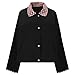 Womens Casual Jacket Patchwork Plaid Collar Button Long Sleeve Outerwear Loose Soft Lightweight Winter Street Outfits Black