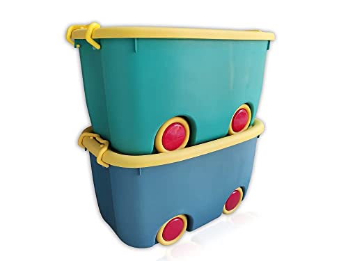 Image of Plastic Rectangular Stackable Organizer Storage Box Bin with Lid and Wheels for Kids, Multicolour, Large - Set of (2)