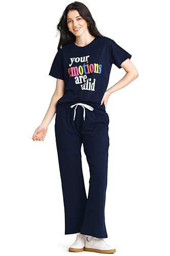 Image of ZEYO Night Suit for Women's Typography Printed Cotton Night Dress of Top and Wide Bottom Pyjama
