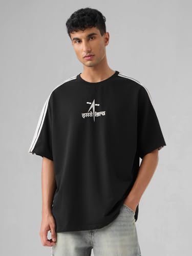 Image of The Souled Store ISRO: to The Moon Men and Boys Short Sleeves Round Neck Black Graphic Printed Cotton Oversized T-Shirts