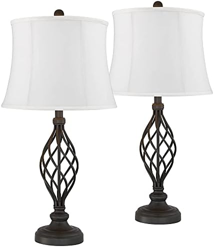 Franklin Iron Works Annie Modern Industrial Table Lamps 28" Tall Set of 2 Bronze Metal White Fabric Softback Drum Shade for Bedroom Living Room House Home Bedside Nightstand Office Entryway Family