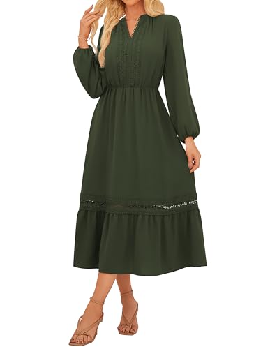 Damen Herbstkleider Elegante V-Ausschnitt A-Linie Kleider mit Taschen Retro Country Style Armeegrün S