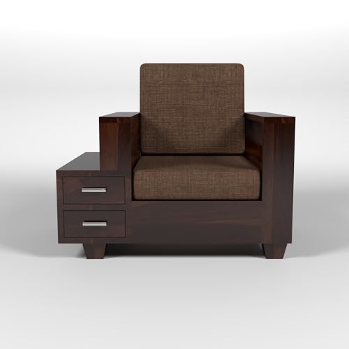 Image of Solid Sheesham Wood Single Seater Sofa with Drawer Storage - Elegant Wooden Sofa | Single Person Sofa Set for Your Living Room (Design 3)