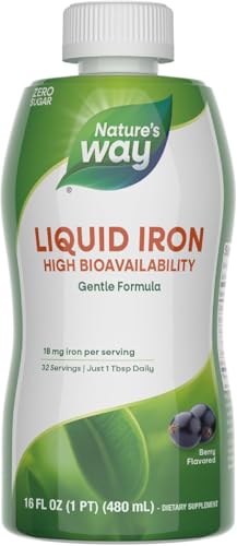 Nature's Way Liquid Iron, 100% Daily Value, 18 mg Iron as Ferric Glycinate per Serving, No Sugar Added, Berry Flavored, 16 Fl Oz (Packaging May Vary)