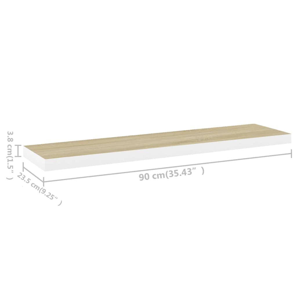 Regał wiszący o wyglądzie dębu i biały, 90 x 23,5 x 3,8 cm MDF, niewidoczny uchwyt, regał ścienny na książki, artykuły dekoracyjne, wszechstronne wzornictwo ścian