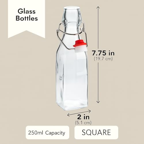 Image of Clear Glass Bottles with Airtight Swing Top Lids - Leakproof Reusable Glass Jars for Juices, Oil, Water, Kombucha, Milk, Vinegar, and Beverages (CLEAR, SQUARE PACK OF 4)
