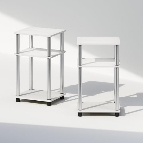 Image of Furinno Just 3-Tier Turn-N-Tube Open Storage Nightstand, 2-Pack, Plastic Poles, White Oak /Stainless Steel