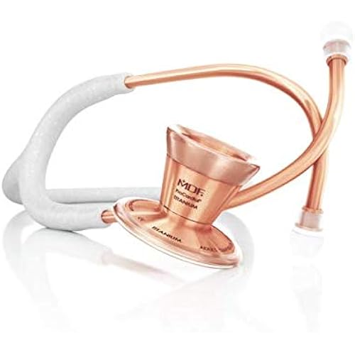 MDF Instruments White Glitter Rose Gold ProCardial Cardiology Stethoscope, Limited Edition Mprints, Lightweight Titanium Adult Dual Head, White Glitter Tube, Rose Gold Chestpiece-Headset, MDF797TWGLRG