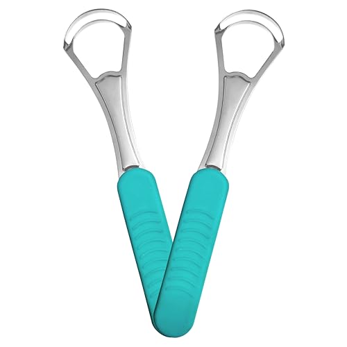 Image of 2 pcs spoon shap with silicon handle Tongue Scraper, 100% Useful Surgical Stainless Steel Tongue Cleaner for Both Adults and Kids, Professional Reduce Bad Breath Metal Tongue Scrapers, Help Your Oral Hygiene