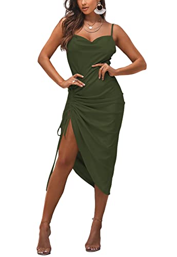 Image of LYANER Women's Satin Spaghetti Straps Cowl Neck Sexy Ruch Cocktail Midi Dresses