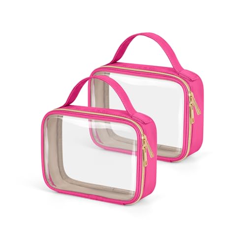 Image of Wedama TSA Approved Toiletry Bag, 2 Pack Clear Makeup Bags with Handles, Quart Size PVC Clear Cosmetic Bags for Women and Men, Carry on Airport Airline Compliant Bag, Rose Red