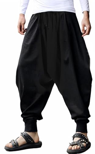 perdontoo Mens Harem Pants Casual Drawstring Aladdin Hippie Cotton Drop Crotch Trouser