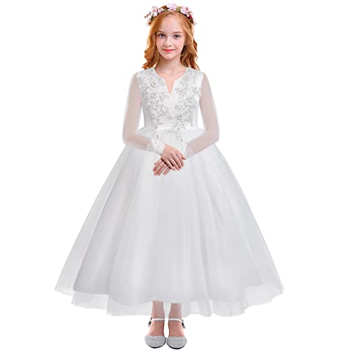 IDOPIP White First Communion Dresses for Girls Lace Flower Wedding Bridesmaid Pageant Birthday Baptism Party Maxi Tulle Gown