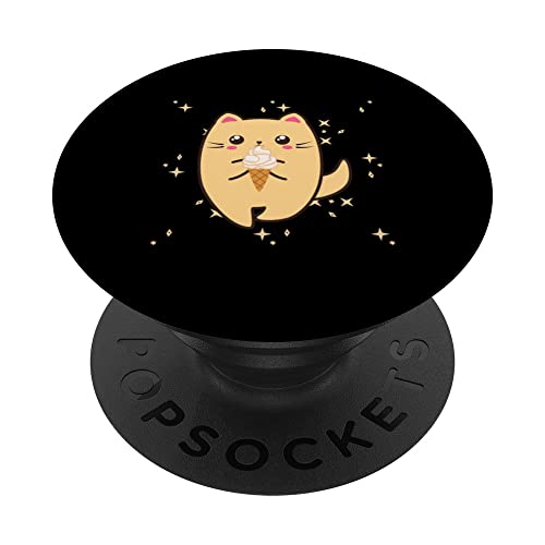 Kawaii Cute Cat Kitten With Ice Cream Meow Cat Pajamas PopSockets Swappable PopGrip, Black