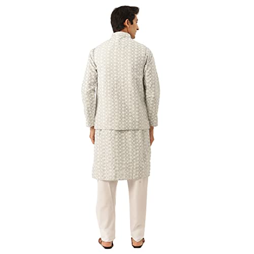 Image of SOJANYA (Since 1958 Men's Silk Blend Light Green Kurta & Nehrujacket with White Pyjama Combo
