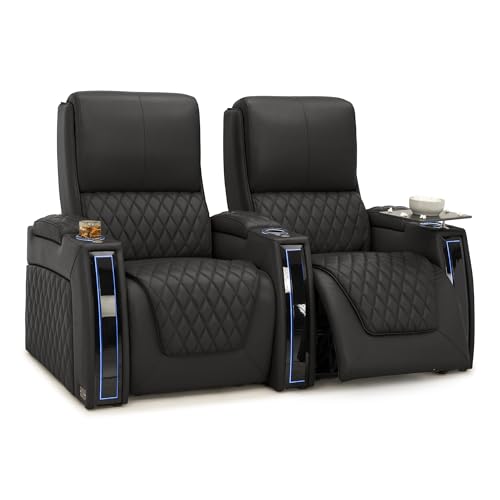 Image of Seatcraft Apex Black Italian Leather Home Theater Seating, Zero Gravity Power Recliner, Powered Headrest and Lumbar Gaming and Home Office Chair, Lounge Sofa Furniture for Cinema Room, Row of 2