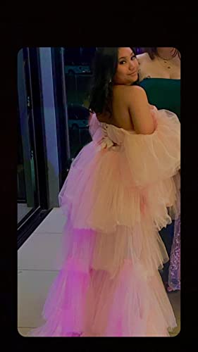 High Low Prom Dresses Tulle Off Shoulder Tiered Ball Gown with Train Formal Evening Party Gowns4