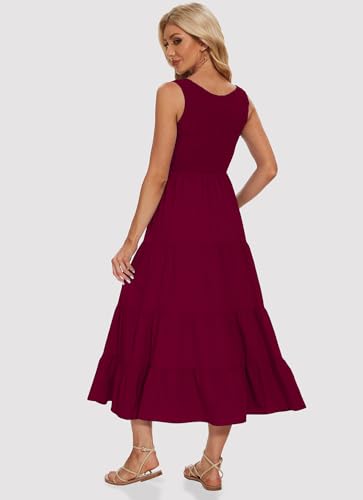 Image of Women's Summer Smocked Maxi Dresses Sleeveless U Neck Ruffle Hem Tiered A Line Flowy Dress