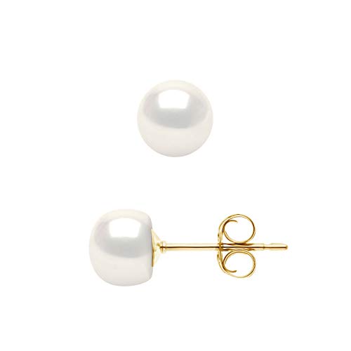 Pearls & Colors - Boucles d'Oreilles - Véritables Perles de Culture d'Eau Douce Boutons - Blanc Naturel - Qualité AAA+ - Or Jaune - Bijou Femme
