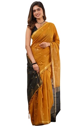 Image of ZECVA Women's Pure Soft Spun Cotton Lichi Silk Saree For Women With Attach Unstitch Blouse Piece