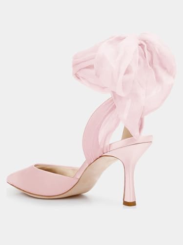 Image of Womens Lace up Satin Heels Bow Pointed Closed Toe Bridal Dress Shoes Low Heel Wedding Elegant Pumps