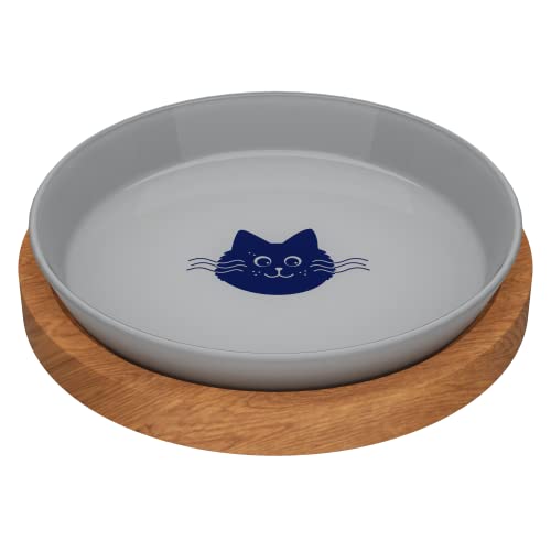 Katzenschale Milchschale aus Glas mit Holz Ständer Katze Futterschüssel Katzennapf Futternapf Futterstation Katzen Trinknapf Napfunterlage mit Organischer Farbe Bemalt Gravierter Ständer (Cool Gray) Cover