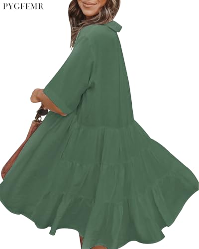 Image of PYGFEMR Women's Short Sleeve Babydoll Dress Button Down Dresses with Pockets