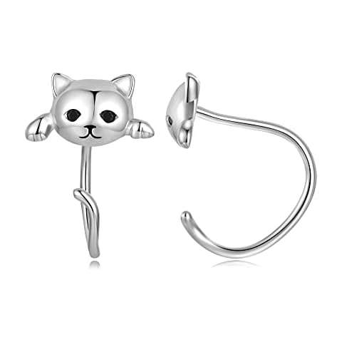 VOROCO Cute Cat 925 Sterling Silver Open Hoop Earring with Black Cubic Zirconia, Animal Earrings Gifts for Women… Cover