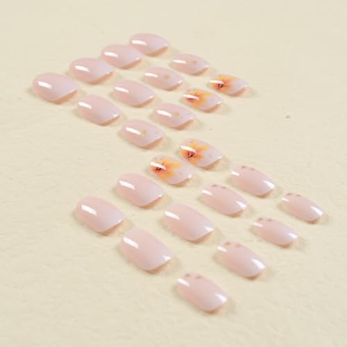 BFY Fall Press on Nails Short Square Gold Maple Leaf Foil Fake Nails, White Gradient Acrylic Nails, Shiny Natural Fit Glossy Gel Manicure Stick on Nails with Glue, False Nails Kit 12Sizes 24Pcs - Image 5