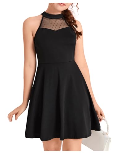 WDIRARA Girl's Mesh Halter Neck Sleeveless Flared A Line Dress Above The Knee Party Dresses
