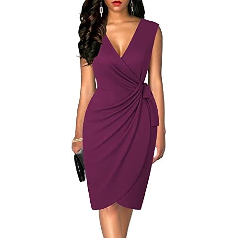 oten Womens Sleeveless Deep V Neck Sheath Knee Length Cocktail Party Work Faux Wrap Formal Dress Purple X-Large Cover