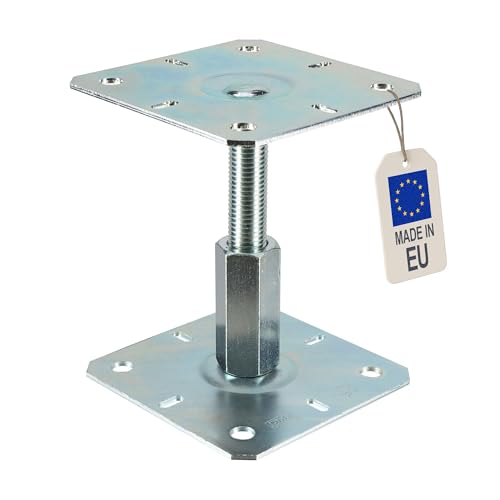 Embase pied de poteau carrée réglable - Platine 100x100 mm - Ht 100 à 150 mm - Acier galvanisé à chaud M20 - Fabrication Europe