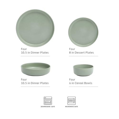 Image of Gibson Elite Pasco 16 Piece (Service for 4) Plates and Bowls Double Bowl Reactive Glaze Dishes Stoneware Ceramic Dinnerware Set - Green