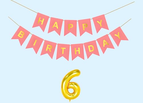 Image of Mystic Toy Store 6th Happy Birthday Decoration Kit Light Pink for 6 year Old Boys Girls Kids with Number Six Party Decorations Decor Celebration Items Item Set Combo Reusable Paper Banner