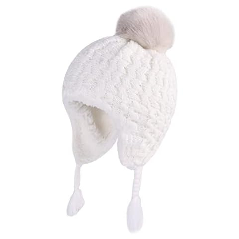 LANGZHEN Toddler Kids Infant Winter Hat,Earflap Knit Warm Cap Fleece Lined Beanie for Baby Boys Girls, White, 12-24 Months Cover