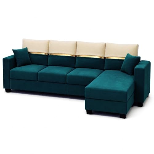 Image of Furny Arvea 5 Seater Fabric RHS L Shape Sofa Set (Greenish Teal) | Soft Velvet Fabric | Modern Design | Comfortable Seating | Living Room Furniture