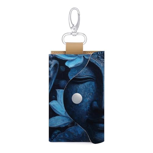 Buddha Face Lotus Flowers Key Holder Bag PU Leather ID Card Holder Keychains Case Cover for Men Women