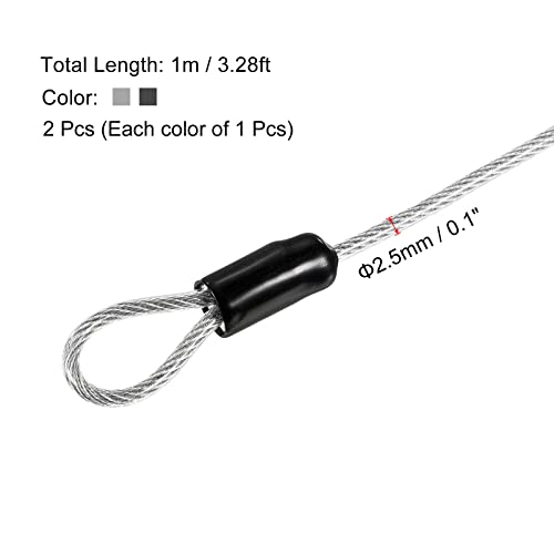 PATIKIL Security Steel Cable 2.5mm x 1m/3.28ft Coated Luggage Lock Wire Rope with Double Loop Transparent, Black 2 Pack - Image 2