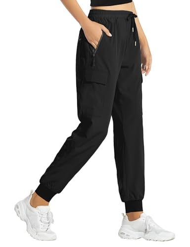 Buauty Women's Hiking Pants - Lightweight Quick Dry Cargo Joggers with Pockets, Elastic Waist for Outdoor and Travel Black