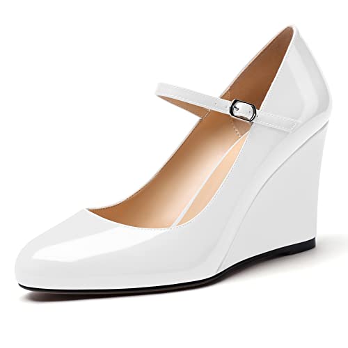 Soireelady Women Mary Jane Wedges Round Toe High Heel Pumps Adjustable Buckle Wedge Heels Pantent Leather Classic High Heels Elegant Dress Shoes for Party, Wedding, and Evening 3.15Inch