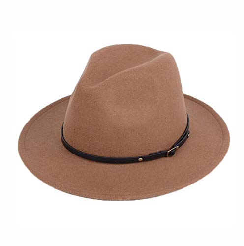 QUUPY Sombrero de jazz clásico para mujeres y hombres, sombrero estilo fedora de ala ancha con hebilla de cinturón de cuero, sombrero de fieltro de Panamá Gatsby, color negro