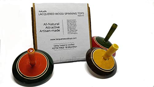 AzKrafts All-Natural Handmade Painted Wood Spinning Tops, Wooden Toys for Kids, Toddler Toys (Pack of 3)