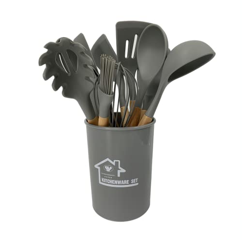 Oren Empower Set of 12 Pcs Silicone Spatula with Wooden Handle/Kitchen Utensil for Cooking, Baking & Mixing/Non-Stick BPA Free/Heat Resistant Item, Flexible Non Toxic Cookware Tools- Grey