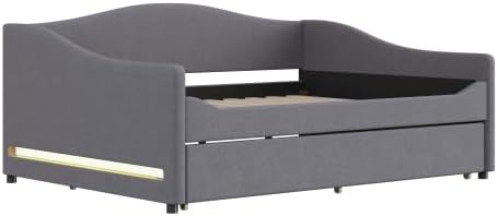 Miniatura 34 de MERITLINE Sofá cama tapizado de tamaño individual con nido y LED, marco de cama de día de forro polar con listones de madera maciza, sofá cama