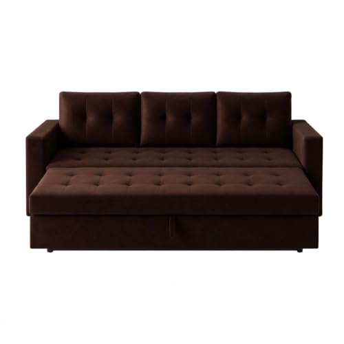 Image of FURNY Tressa 3 Seater Fabric Pull-Out Sofa Cum Bed Function (Dark Brown) | Luxury Velvet Suede Finish | Durable Comfort Sofa Bed for Modern Living Room & Office Spaces