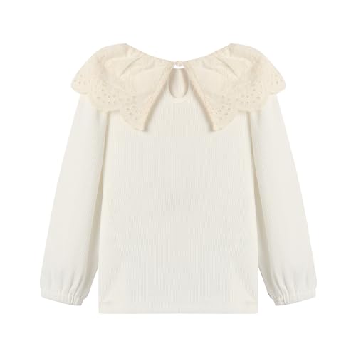 Image of LittleSpring Girls Ribbed Knit Long Sleeve Tshirt with Lace Ruffle Collar